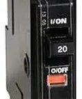 QO120 20 Amp 1 Pole Plug-and-Play Circuit Breaker front view with on-off switch and 10 kA label for home panels.