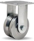 Rock Solid Stainless Steel Rigid Caster With 4 Inch V Grooved Wheel Rated For 850 Pounds Of Hefty Loads Featuring Half Inch Precision Ball Bearings For A Butter Smooth Rolling Experience.