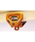 Rock Solid One Ton Beam Push Trolley Featuring Slick Adjustable Flange Fit From Two Point Two Eight Inches To Five Inches With Maintenance Free Sealed Bearings For Zero Drag Rolling mounted on a beam.