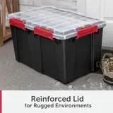 Two Pack Heavy Duty Plastic Storage Bins Thirteen Point Five Gallon Gasket Totes With Airtight Silicone Seals Rock Solid For Garage Basement Or Attic Hella Waterproof And Drop Dead Tough Black with reinforced lid.