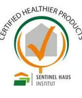 Certified healthier products logo from Sentinel Haus Institut with checkmark design for home safety and health.