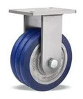 Industrial Rated Heavy Duty Rigid Caster With Eight Inch Diameter And Three Inch Wide Triple Poly Wheel Coupled With Sealed Ball Bearings mounted on a flat steel plate.
