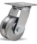 No Nonsense Heavy Duty Stainless Steel Swivel Caster Four By Two Inch V Grooved Wheel With Half Inch Precision Ball Bearings Built Hard As Nails For Eight Hundred Fifty Pounds Smooth Rolling Industrial Workhorse, showing stainless steel swivel design.