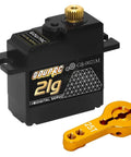 21G Micro Mini Digital Servo of Metal Gears with 25T Servo Horn for 1/14 1/16 RC Crawler Car Upgrade Servo Parts Model Boat Airplane Robot (1PC) image showing black servo with gold gear and orange horn