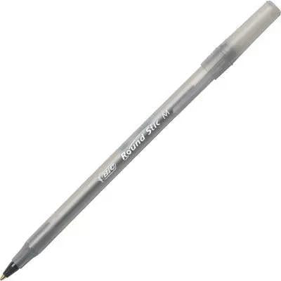 BIC Round Stic black ballpoint pen with frosted cover, smooth gliding ink, perfect for school and office use.