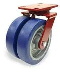 Heavy Duty Swivel Caster Featuring Dual Wheel Setup With 8 By 2 Inch Polyurethane Treads On Cast Iron Mounts.