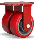 Built Tough Workhorse Dual Wheel Rigid Caster With 4 Inch Polyurethane Tread Over Cast Iron Base Featuring Sealed Steel Ball Bearings.