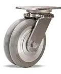 Built Tough Heavy Duty Swivel Caster Wheels Featuring A Rock Solid Twin Wheel Design With Smooth Rolling Grey Tread For Handling Hefty Loads And Rugged Industrial Performance.