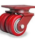 Heavy Duty Dual Wheel Swivel Caster with 4X2 Inch Polyurethane on Aluminum Core Twin Wheels and 1/2 Inch Sealed Ball Bearings shown from the side.