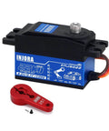 22KG Low Profile Digital Servo and 25T Servo Horn for 1/10 RC Car Robot Model Upgrade, black and blue casing, red horn.