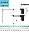Diagram of PA-04 24 Inch Stroke Electric Linear Actuator, 400 lbs Force, IP66 Water Resistance with dimensions and specs