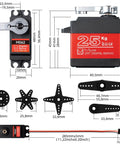 Diagram of 2Pcs 25KG High Torque RC Servo, Waterproof Servo Motor Compatible with 1/8, 1/10 RC Car, full metal gear parts and dimensions.