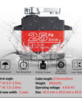 Image of 2Pcs 25KG High Torque RC Servo, Waterproof Servo Motor Compatible with 1/8, 1/10 RC Car, Full Metal Gear Steering Servo with 25T Servo Horn（270°） showing waterproof feature with visible specifications.