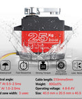 Front view of 25KG High Torque Servo Motor, Miuzei RC Steering Servo, waterproof, metal gear, shown with specifications