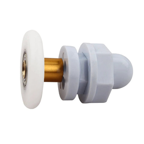 Side view of 4PCS 27mm shower door rollers replacement with copper rod pulley, nylon runner, and stainless steel hardware for glass doors