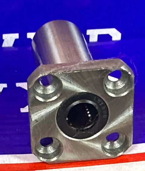 LMEK8LUU 8mm Square Flanged Bushing Linear Motion Bearing front view showing flanged mount with holes, steel material, size details visible.