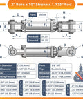 Technical diagram of 2x10 Hydraulic Cylinder - 2 Bore 10 Stroke Double Acting Tie Rod Hydraulic Cylinder, SAE#8 Port, 3000 PSI.