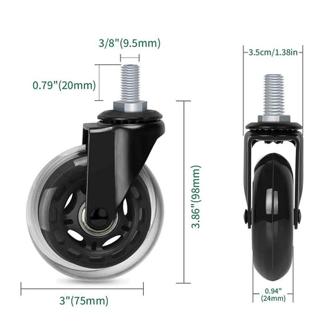 Three Inch Thread Screw In Office Chair Caster Wheels Not Metric M10 Three Eighths Inch Thread With Sixteen Threads Per Inch PU Rubber