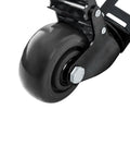 Close-up view of a heavy-duty locking caster wheel for storage racks, featuring 3-inch ball bearing swivel with brake for smooth rolling.