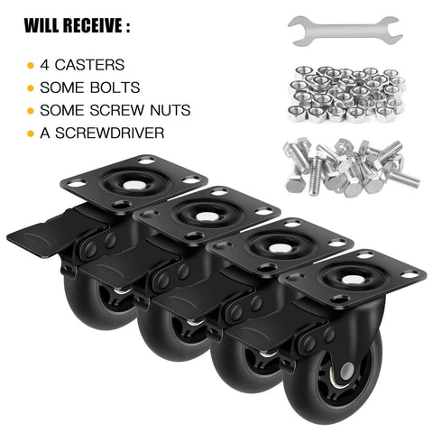 3" Casters Set of 4 - Heavy Duty Quiet Casters, Max Load 2000 lbs, Soft Wheels for Carts, Glide Smoothly and Protect Floors, Locking Furniture Casters components including bolts and screwdriver.