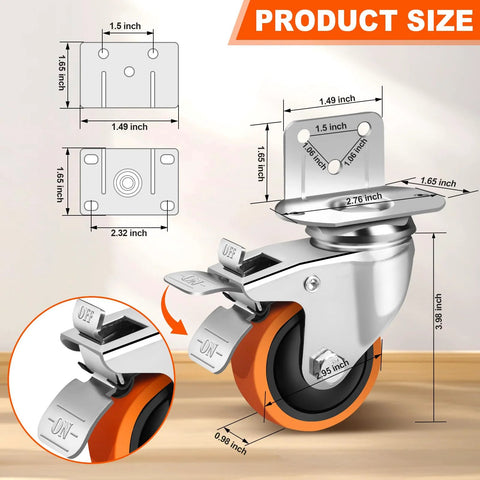 3 Inch Side Mount Casters Set Of 4, L-Shape Heavy Duty Plate Casters With Brakes, 1000 Lbs Total Capacity, Silent Rubber Swivel Casters