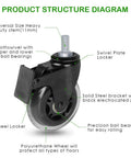 Brake Caster With Three Eighths Inch 16UNC Threaded Stem, Heavy Duty 3 Inch Lockable Bearing Caster With Lock Nuts For Office Chairs And Home Furniture, Set Of 5, Durable Steel Stem, Smooth Rolling Wheels, Anti Scratch Non Marking, Easy To Install product diagram