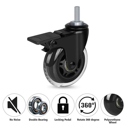 3 Inch Caster Set With 5/16-18UNC Threaded Stem 0.79 Inch Long, showing single caster with brake, polyurethane wheel and stem visible.