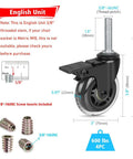 Front view of Three Inch Industrial Swivel Locking Caster Set Of Four With Three Eighths Inch Sixteen UNC Threaded Stem, brake, and inserts.