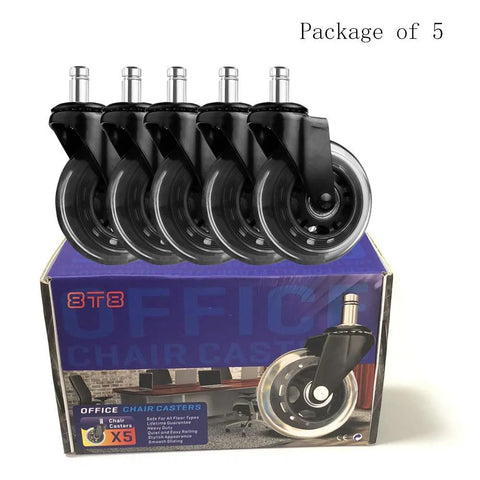 Heavy Duty Replacement Office Chair Caster Wheels 3 Inch Set Of 5 Soft PU Rubber Casters for hardwood, carpet, tile floors in box