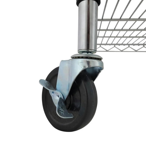 3 Inch Heavy Duty Caster Wheels With 1 Quarter Inch Thread Stem Set Of 4 For Wire Shelving Furniture And Carts Durable Polyurethane And Steel Construction Replacement Wheels For Home Office Shop Carts And Shelving Units, installed on wire shelving