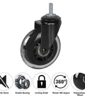Close-up of Three Inch Rubber Caster Wheels Heavy Duty With 5/16-18 X 1 Threaded Stem Set Of Four for furniture, featuring double bearing and 360-degree rotation.