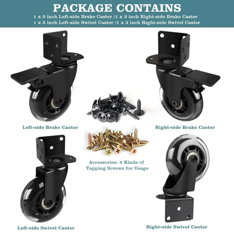 Three Inch Side Mount Caster Wheels Set Of Four With Two Brakes And Two Without Brakes, Heavy Duty Industrial Casters With L Shaped Bracket