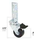 Close-up of 3-inch caster wheel for boltless shelving, showing 4.75-inch base height. 4Pc Storage Rack Caster Wheels Adapts To Boltless Self Locking Shelving Racks With 3 Inch Wheels And 1500 Lb Max Capacity Per Set Includes Four Locking Wheels For Easy Rolling And Converts Existing Shelves To Mobile Racks.
