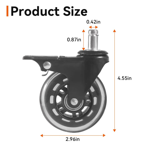 Side view of a 3-inch rubber swivel caster wheel with brake showing product dimensions for heavy-duty grill use.