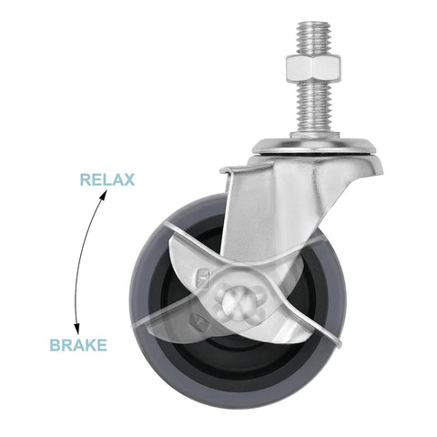 3 Inch Caster Wheels Set Of Four With Side Brake Heavy Duty Swivel Casters For Workbenches Carts And Shelving Units 600 Lb Per Wheel Load Capacity M12 1.75 By 25 Mm Threaded Stem Quiet Non Marring Replacement close-up