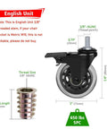Three Eighths Inch Thread Swivel Stem Casters With Locking Brake For Office Chairs Furniture And Shelves Heavy Duty Caster Replacement Pack Of Five Includes Three Eighths Inch Thread Screw Inserts Imperial Stem System, 3-Inch dimensions shown.