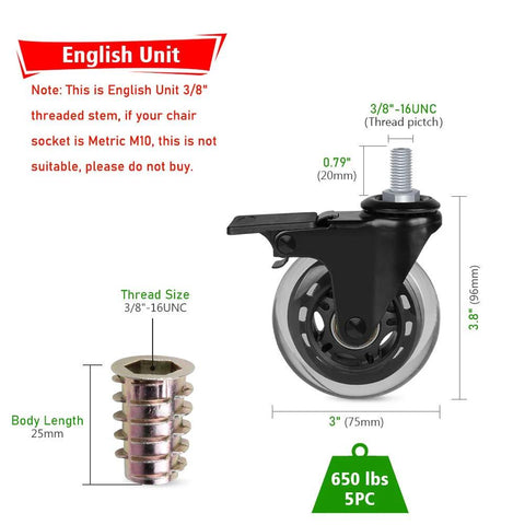 Three Eighths Inch Thread Swivel Stem Casters With Locking Brake For Office Chairs Furniture And Shelves Heavy Duty Caster Replacement Pack Of Five Includes Three Eighths Inch Thread Screw Inserts Imperial Stem System, 3-Inch dimensions shown.