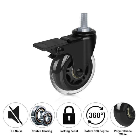 Threaded Stem Casters Set of 4, Heavy Duty 3 Inch Swivel Casters With Brake and Lock Nuts, Three Eighths Inch 16 UNC Coarse Thread Stud