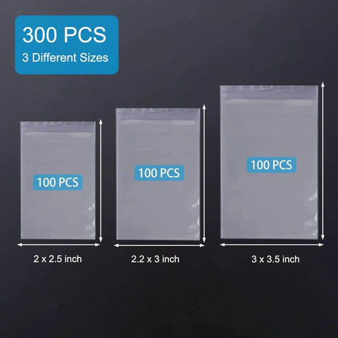 300 PCS Small Plastic Bags Set In 3 Sizes 2x2.5in, 2.2x3in, 3x3.5in Resealable Clear Poly Bags For Beads Jewelry Pills