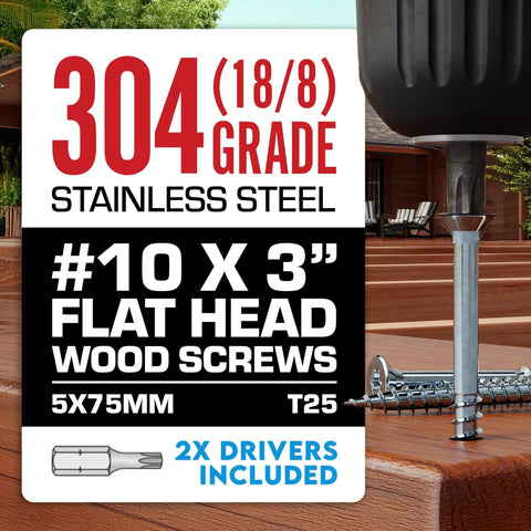 #10 x 3 Inch Stainless Steel Deck Screws 304 Grade, 350 Pack with Flat Head T25 Star Torx Drive by Eagle Claw Fasteners - Corrosion & Rust Resistant, Includes Driver Bit
