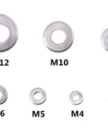 304 Stainless Steel Belleville Spring Washers Kit With Serrated Conical And Knurled Designs, Assortment of Seven Sizes M3-M12 displayed