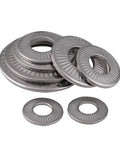Stack of 304 Stainless Steel Conical Disc Spring Cup Washers Three Eighths Inch ValuePack, showing different edge sizes.