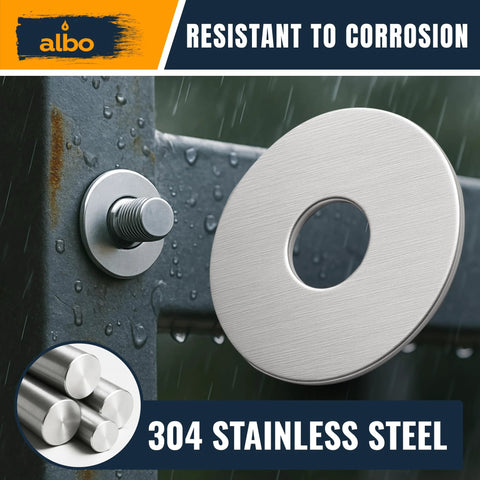 Albo stainless steel fender washer, 1/4 in inner hole x 1-1/4 in outer diameter, installed on a bolt.