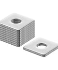 304 Stainless Square Plate Washers for 1/8 Inch Bolts, 100 Pcs per pack, showing stack with smooth burr-free edges and single washer detail