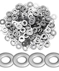 304 Stainless Steel Pop Rivet Backup Washers Kit For 5mm Rivets displayed in a pile with four close-up deburred washers.