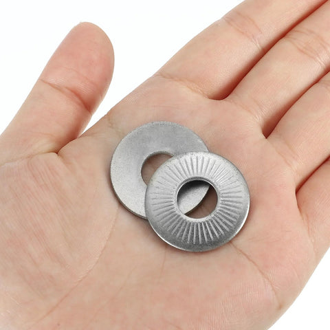 304 Stainless Steel Belleville Spring Washers M10x27 Conical Knurled Pack Of 10 held in hand