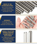 Slotted Spring Pin, 50 Pcs 3/32" x 1/2" (2.7mm x 12mm) 304 Stainless Steel Split Roll Pins shown in hand and detailed view