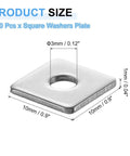 304 Stainless Square Plate Washers for 1/8 Inch Bolts, 100 Pcs Per Pack, 10x10x1mm with 3mm Inner Diameter, dimensions shown