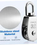 Close-up of 304 Stainless Steel Single Block Pulley with swivel, showing stainless steel material and smooth, polished surface