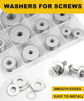 304 Stainless Flat And Fender Washers Set 108 Pcs 12 Sizes M3 To M12 in storage case with screws, showcasing smooth edges.